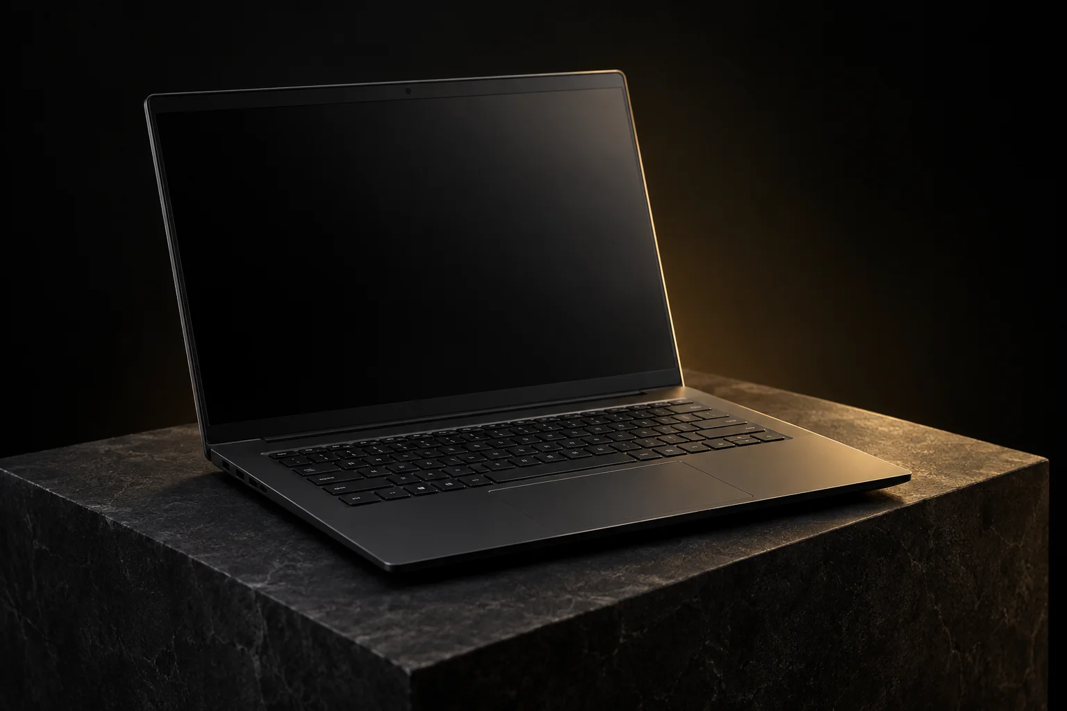 Illustrative black laptop on a dark plinth with subtle gold lighting